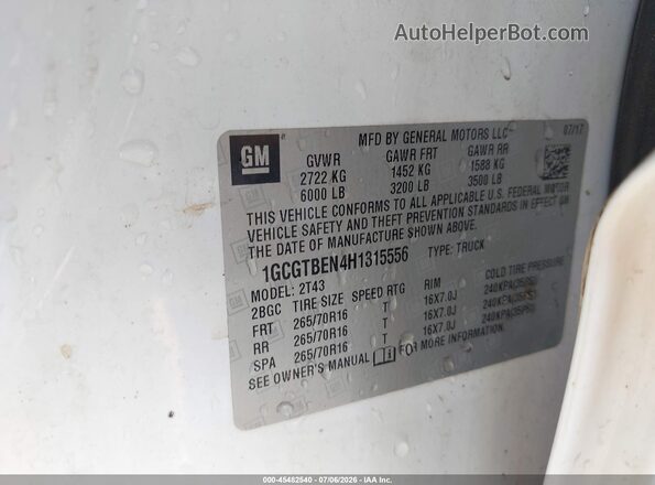 1GCGTBEN4H1315556 2017 CHEVROLET COLORADO Белый Вид подкапотного пространства
