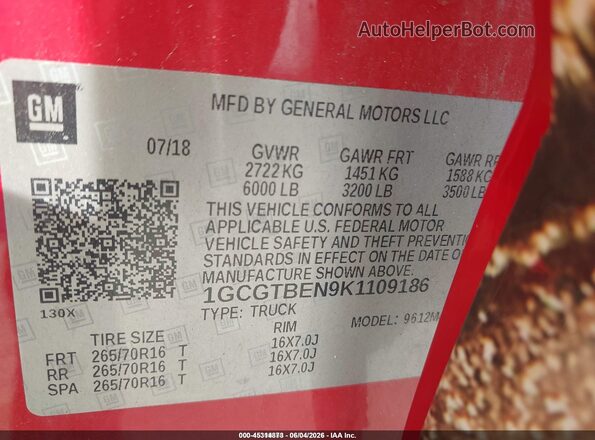 1GCGTBEN9K1109186 2019 CHEVROLET COLORADO Red Engine compartment view