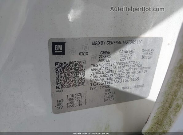 1GCGTBENXJ1260455 2018 CHEVROLET COLORADO Белый Вид подкапотного пространства