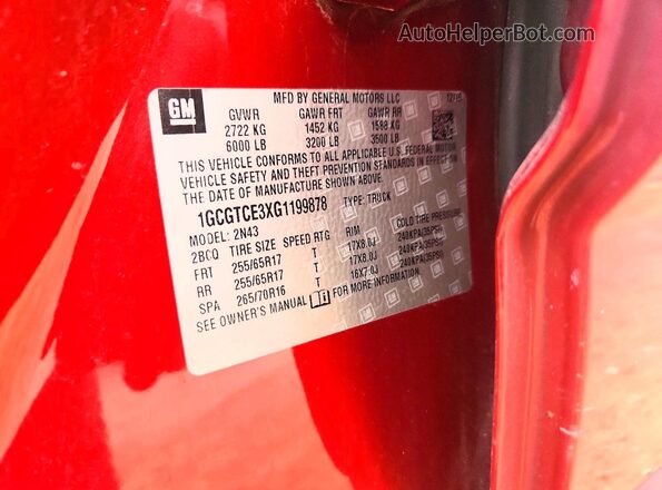 1GCGTCE3XG1199878 2016 CHEVROLET COLORADO Red ძრავის განყოფილების ხედი