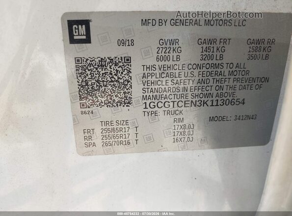 1GCGTCEN3K1130654 2019 CHEVROLET COLORADO White Engine compartment view