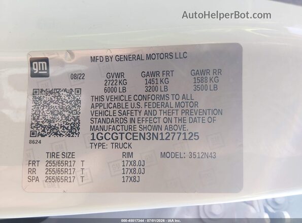 1GCGTCEN3N1277125 2022 CHEVROLET COLORADO White Widok komory silnika
