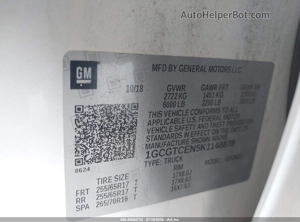 1GCGTCEN5K1148878 2019 CHEVROLET COLORADO White Շարժիչի բաժամունքի տեսք
