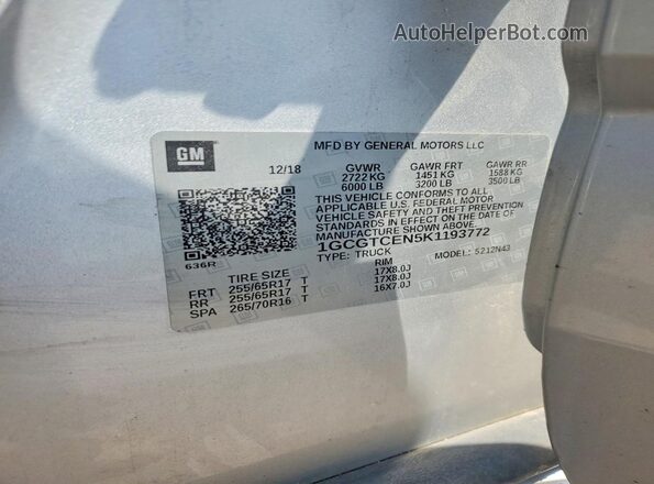 1GCGTCEN5K1193772 2019 CHEVROLET COLORADO Silver Вид наклейки з VIN-кодом