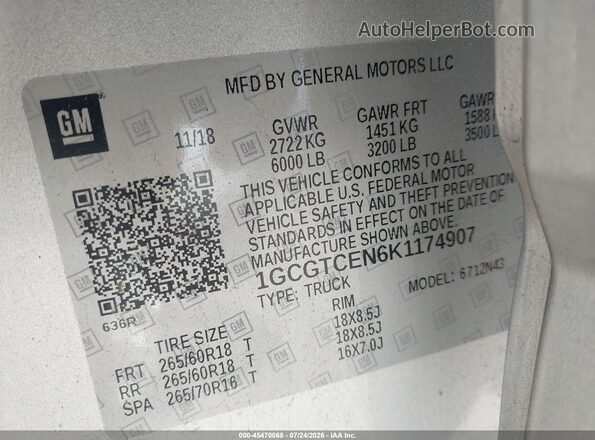 1GCGTCEN6K1174907 2019 CHEVROLET COLORADO Белый Вид подкапотного пространства