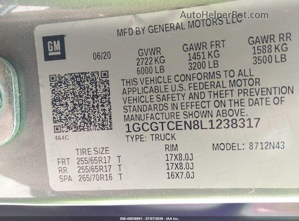 1GCGTCEN8L1238317 2020 CHEVROLET COLORADO Gray Շարժիչի բաժամունքի տեսք
