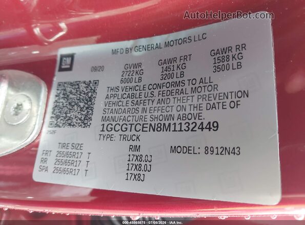 1GCGTCEN8M1132449 2021 CHEVROLET COLORADO Maroon Engine compartment view