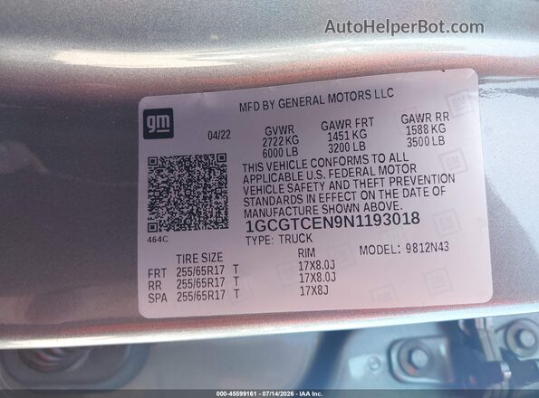 1GCGTCEN9N1193018 2022 CHEVROLET COLORADO Silver Вид підкапотного простору