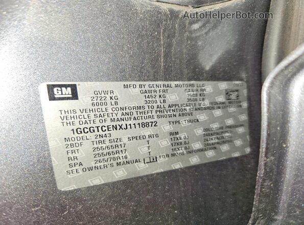1GCGTCENXJ1118872 2018 CHEVROLET COLORADO Gray Շարժիչի բաժամունքի տեսք