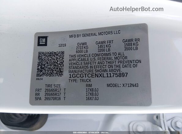 1GCGTCENXL1175897 2020 CHEVROLET COLORADO White Engine compartment view