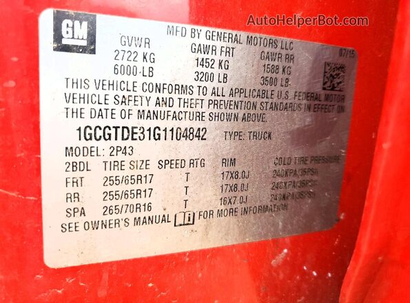 1GCGTDE31G1104842 2016 CHEVROLET COLORADO Red Widok komory silnika