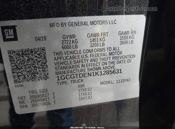 1GCGTDEN1K1285631 2019 CHEVROLET COLORADO Черный Вид подкапотного пространства