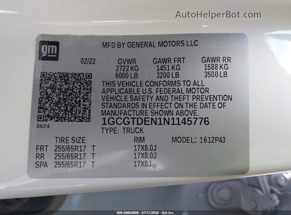 1GCGTDEN1N1145776 2022 CHEVROLET COLORADO Белый Вид подкапотного пространства