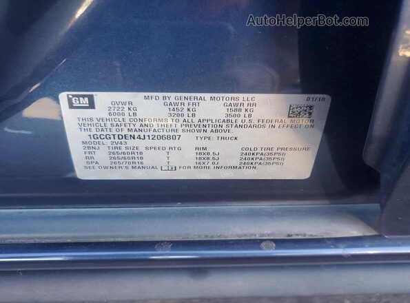 1GCGTDEN4J1206807 2018 CHEVROLET COLORADO Blue ძრავის განყოფილების ხედი