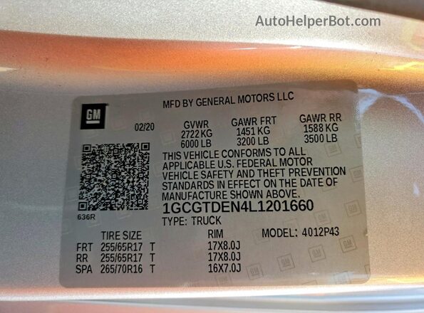 1GCGTDEN4L1201660 2020 CHEVROLET COLORADO Silver Vista de la etiqueta del VIN
