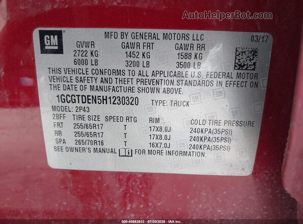 1GCGTDEN5H1230320 2017 CHEVROLET COLORADO Red ძრავის განყოფილების ხედი