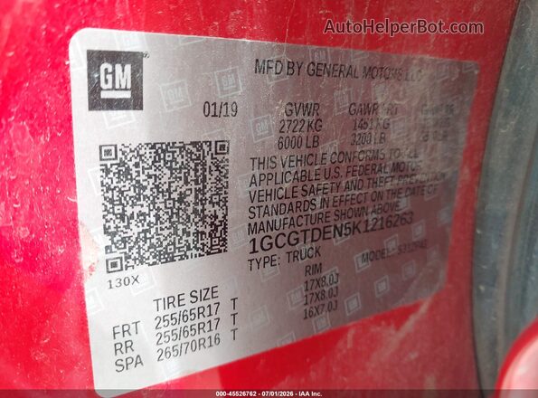 1GCGTDEN5K1216263 2019 CHEVROLET COLORADO Red Вид підкапотного простору