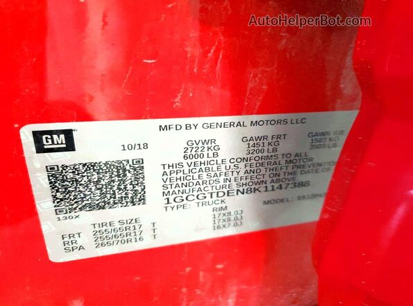 1GCGTDEN8K1147388 2019 CHEVROLET COLORADO Red Вид наклейки з VIN-кодом