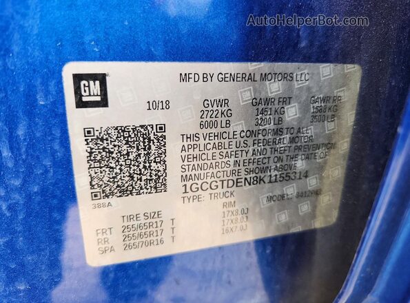 1GCGTDEN8K1155314 2019 CHEVROLET COLORADO Blue Engine compartment view