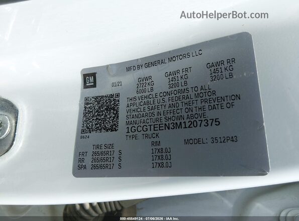 1GCGTEEN3M1207375 2021 CHEVROLET COLORADO White Vista del compartimento del motor
