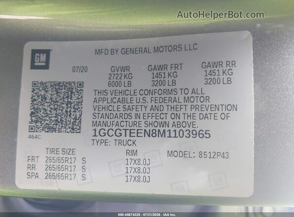 1GCGTEEN8M1103965 2021 CHEVROLET COLORADO Gray Engine compartment view