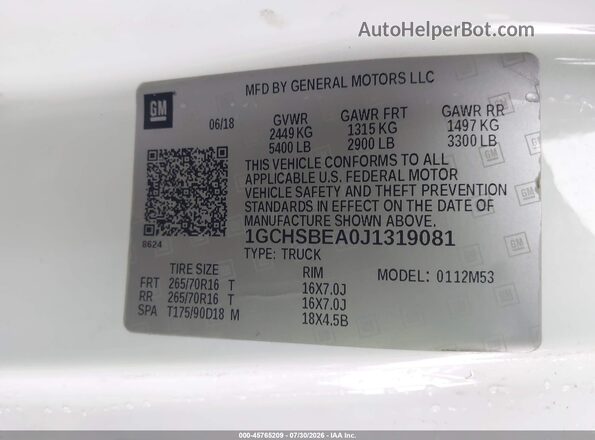 1GCHSBEA0J1319081 2018 CHEVROLET COLORADO Белый Вид подкапотного пространства