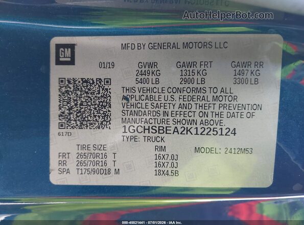 1GCHSBEA2K1225124 2019 CHEVROLET COLORADO Синий Вид подкапотного пространства