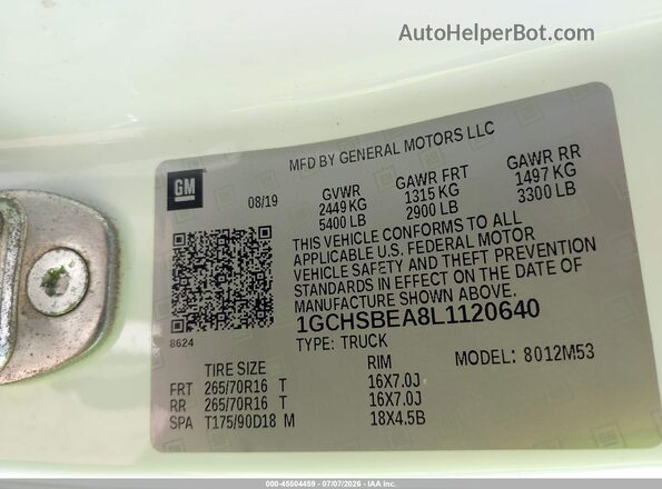 1GCHSBEA8L1120640 2020 CHEVROLET COLORADO White Շարժիչի բաժամունքի տեսք