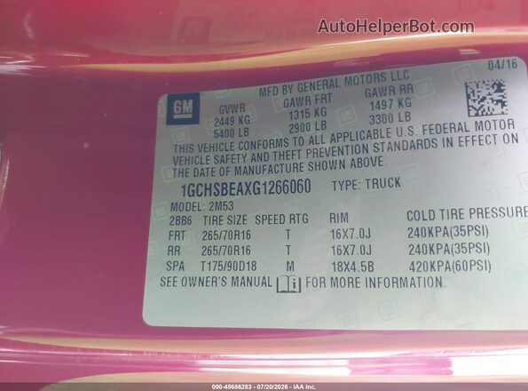 1GCHSBEAXG1266060 2016 CHEVROLET COLORADO Burgundy Вид підкапотного простору