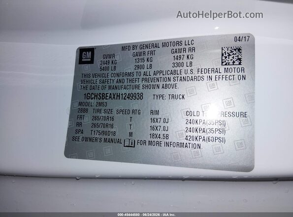 1GCHSBEAXH1249938 2017 CHEVROLET COLORADO White Вид підкапотного простору