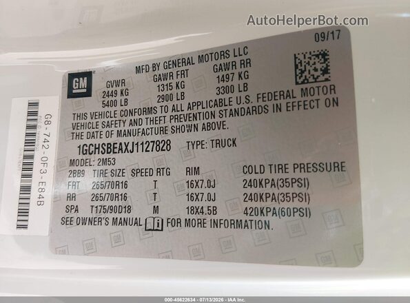 1GCHSBEAXJ1127828 2018 CHEVROLET COLORADO White Vista del compartimento del motor