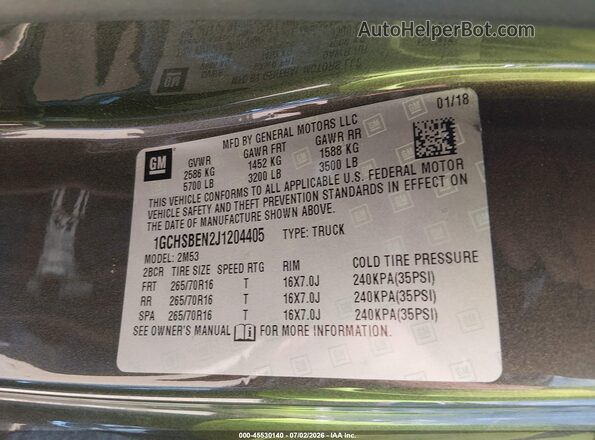 1GCHSBEN2J1204405 2018 CHEVROLET COLORADO Gray ძრავის განყოფილების ხედი
