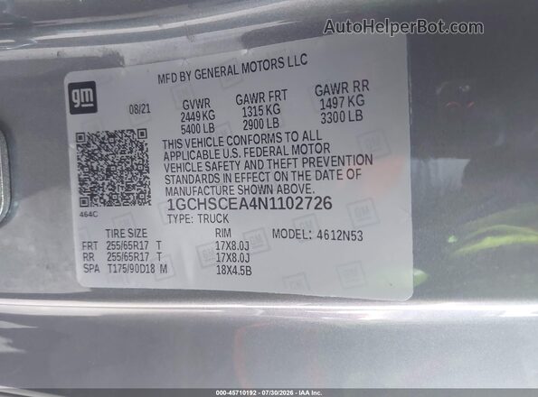 1GCHSCEA4N1102726 2022 CHEVROLET COLORADO Gray Շարժիչի բաժամունքի տեսք