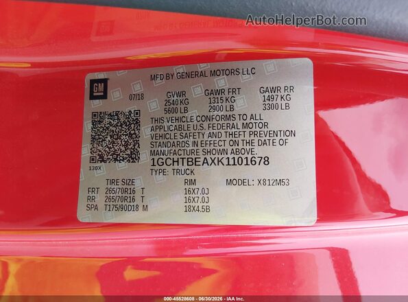 1GCHTBEAXK1101678 2019 CHEVROLET COLORADO Красный Вид подкапотного пространства
