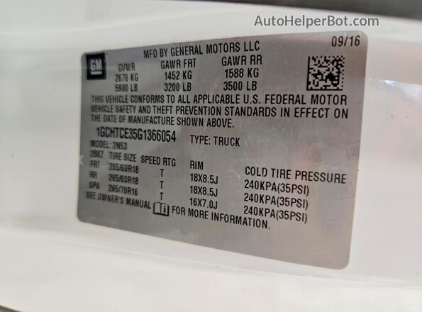 1GCHTCE35G1366054 2016 CHEVROLET COLORADO White Widok komory silnika