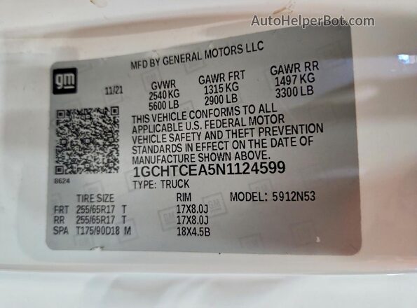 1GCHTCEA5N1124599 2022 CHEVROLET COLORADO White Вид наклейки з VIN-кодом