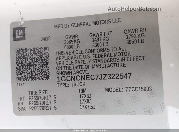 1GCNCNEC7JZ322547 2018 CHEVROLET SILVERADO White Շարժիչի բաժամունքի տեսք