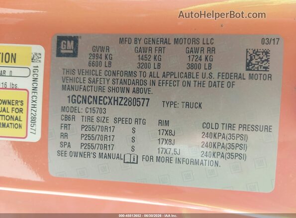 1GCNCNECXHZ280577 2017 CHEVROLET SILVERADO Orange Vista del compartimento del motor