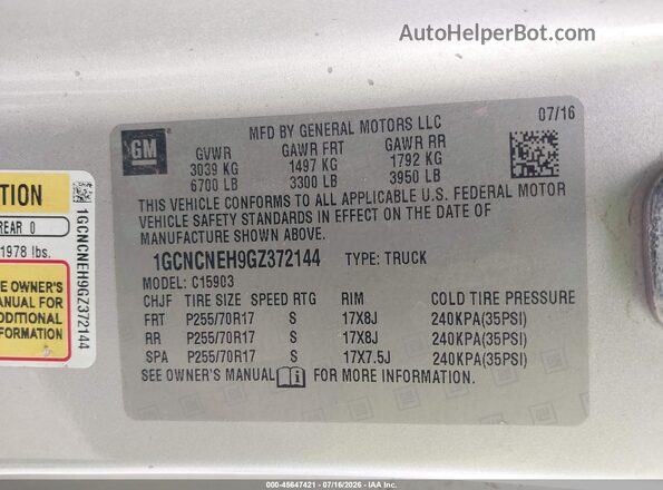 1GCNCNEH9GZ372144 2016 CHEVROLET SILVERADO Silver Engine compartment view