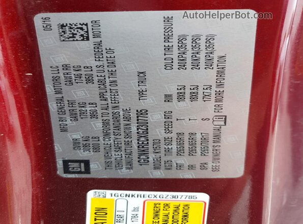 1GCNKRECXGZ307785 2016 CHEVROLET SILVERADO Burgundy Вид підкапотного простору