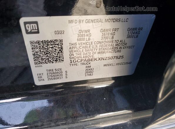 1GCPABEKXNZ507525 2022 CHEVROLET SILVERADO Black VIN კოდის სტიკერის ხედი