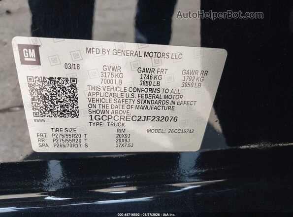 1GCPCREC2JF232076 2018 CHEVROLET SILVERADO Black Vista del compartimento del motor