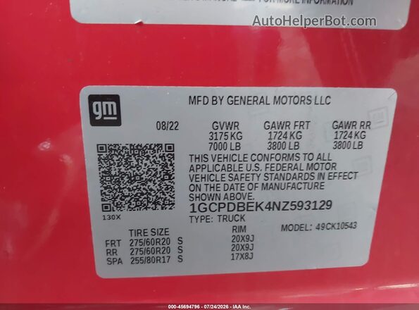 1GCPDBEK4NZ593129 2022 CHEVROLET SILVERADO Red Engine compartment view