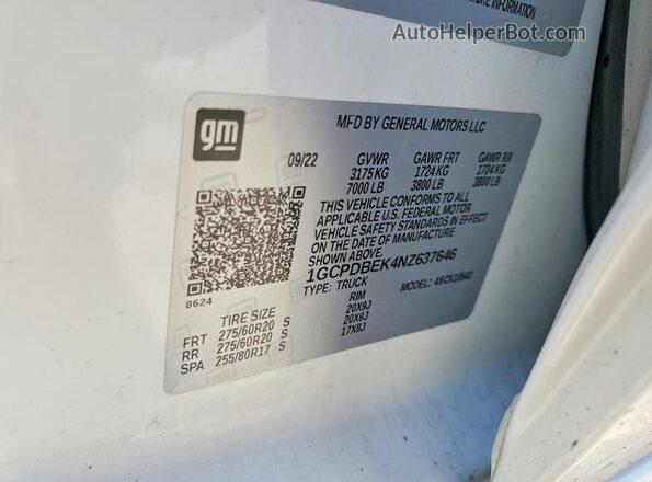 1GCPDBEK4NZ637646 2022 CHEVROLET SILVERADO White Շարժիչի բաժամունքի տեսք