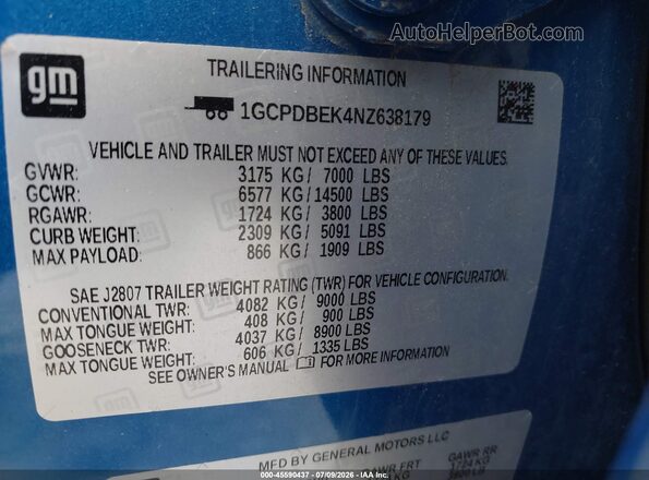 1GCPDBEK4NZ638179 2022 CHEVROLET SILVERADO Синий Вид подкапотного пространства