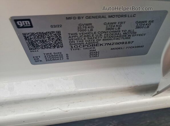 1GCPDBEK7NZ509157 2022 CHEVROLET SILVERADO White Շարժիչի բաժամունքի տեսք