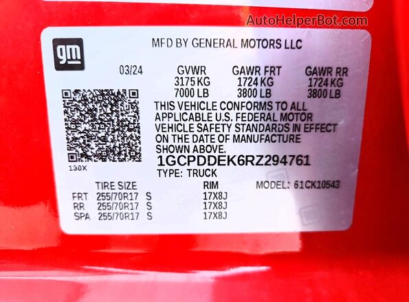 1GCPDDEK6RZ294761 2024 CHEVROLET SILVERADO Red VIN კოდის სტიკერის ხედი