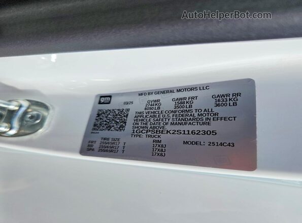 1GCPSBEK2S1162305 2025 CHEVROLET COLORADO Белый Вид наклейки с VIN-кодом