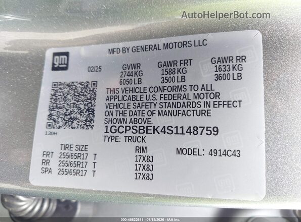 1GCPSBEK4S1148759 2025 CHEVROLET COLORADO Серый Вид подкапотного пространства
