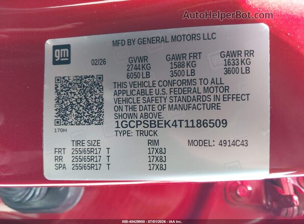 1GCPSBEK4T1186509 2026 CHEVROLET COLORADO Red Вид підкапотного простору